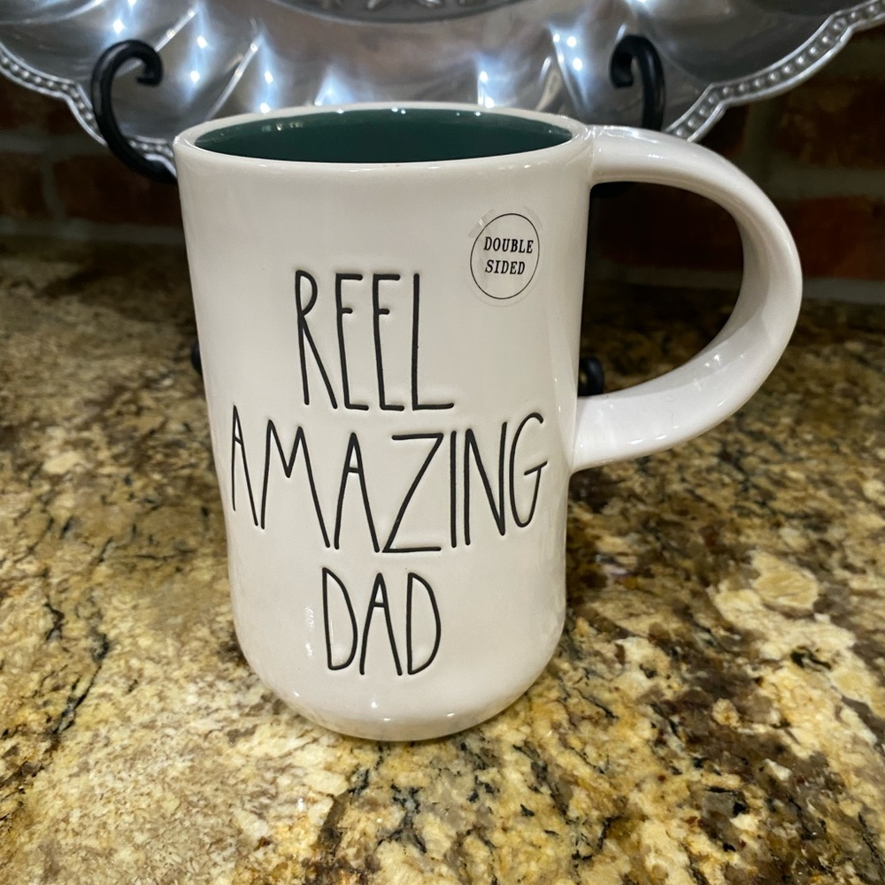 Rae Dunn REEL AMAZING DAD Double sided mug - fishing reel and fish Brand New!